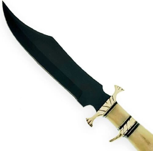 12" Custom Damascus Bowie Knife – Raindrop Pattern Blade with Camel Bone Handle