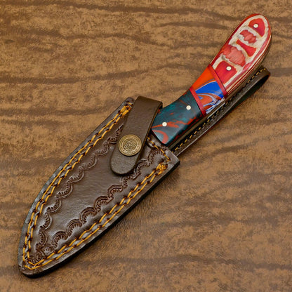 Handmade Damascus Skinner Hunting Knife with Resin and Wood Handle – Custom Damascus Steel Blade