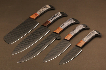 9" to 13" Hand Forged Fire Damascus Steel Chef Knives Set – Handmade Kitchen Knife Collection with Camel Bone & Wood Handle