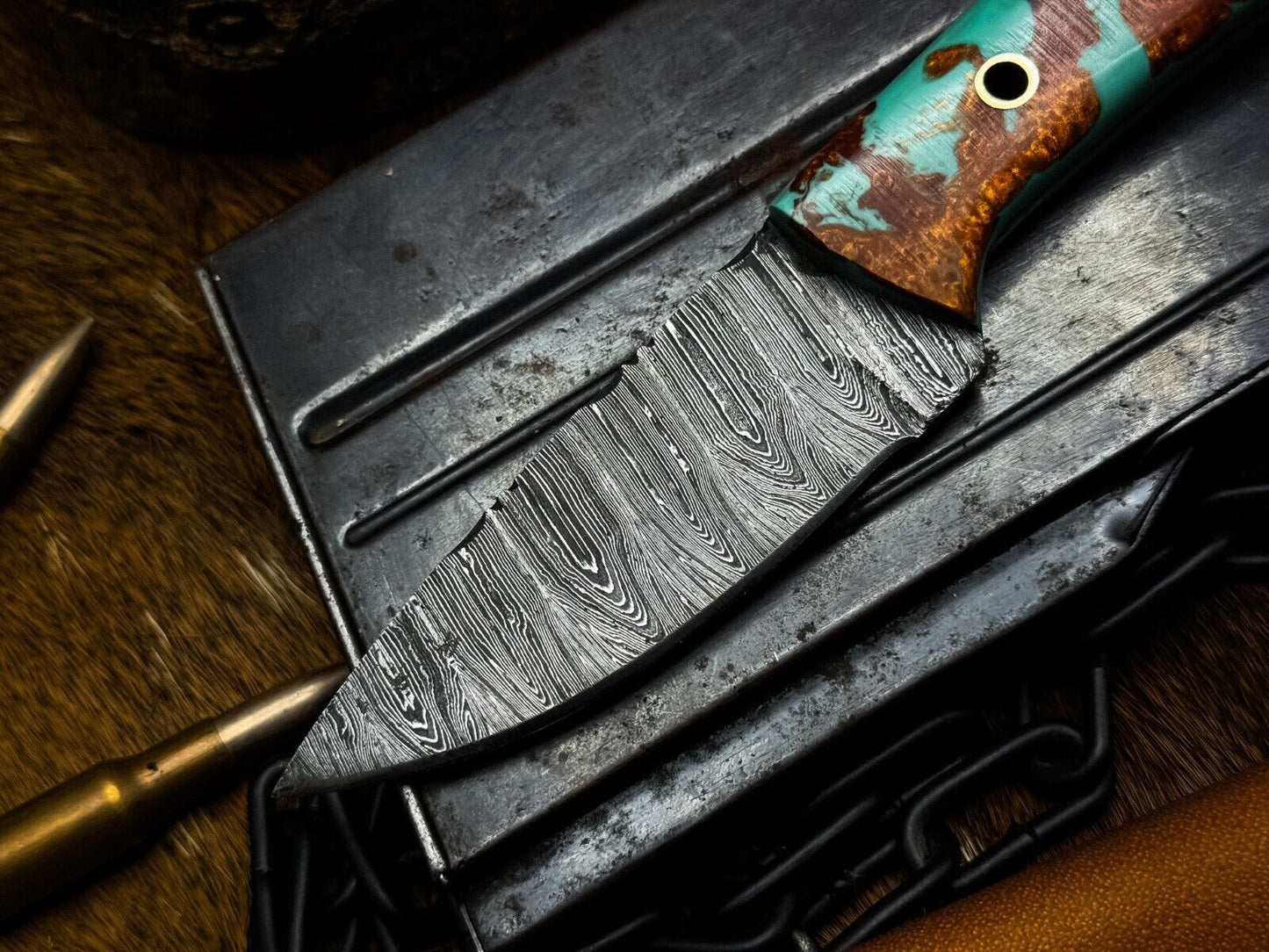 Heritage Forge Handmade Damascus Steel Survival Knife Resin Handle with Leather Sheath