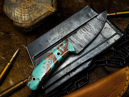 Heritage Forge Handmade Damascus Steel Survival Knife Resin Handle with Leather Sheath