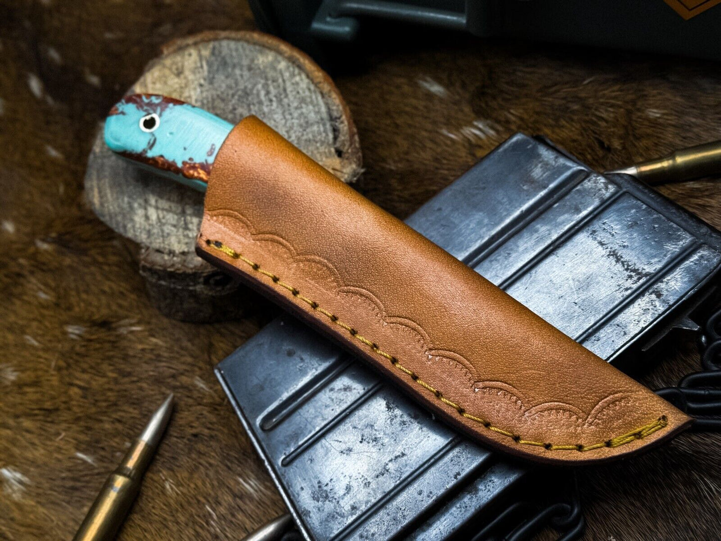 Heritage Forge Handmade Damascus Steel Survival Knife Resin Handle with Leather Sheath