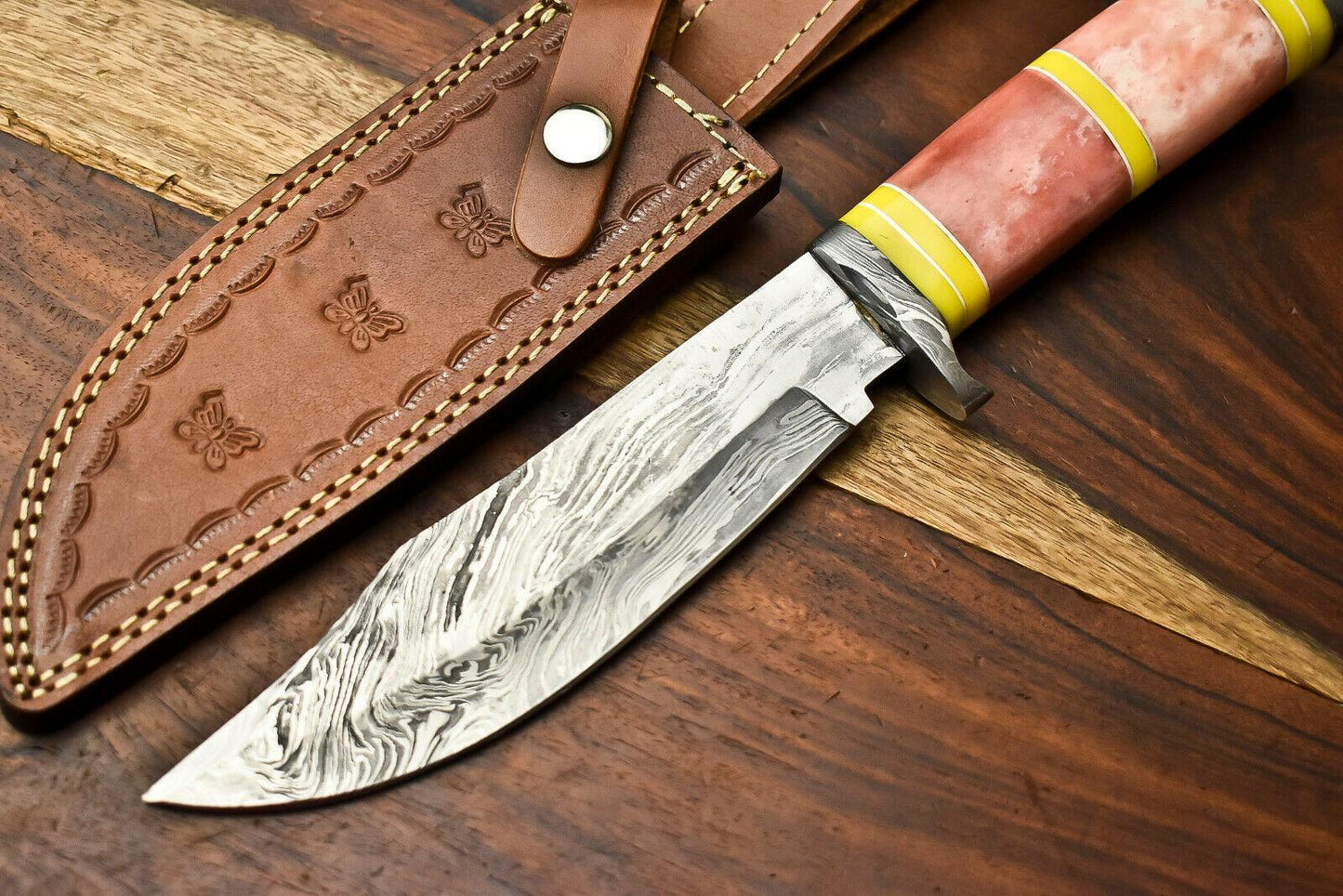 Handmade Damascus Steel Hunting Bowie Knife with Camel Bone Handle