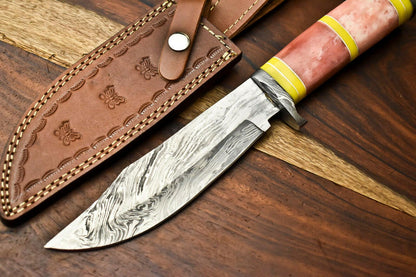 Handmade Damascus Steel Hunting Bowie Knife with Camel Bone Handle