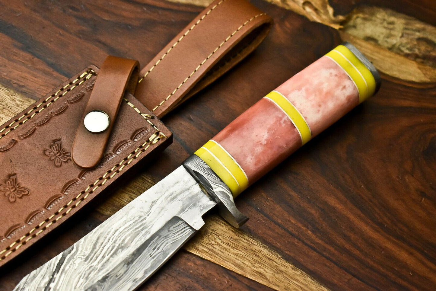 Handmade Damascus Steel Hunting Bowie Knife with Camel Bone Handle