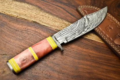 Handmade Damascus Steel Hunting Bowie Knife with Camel Bone Handle