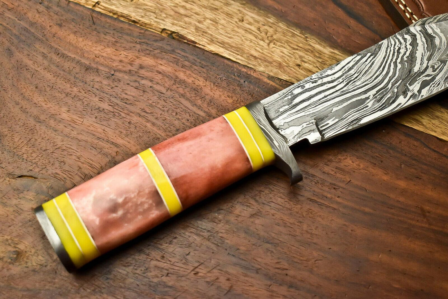 Handmade Damascus Steel Hunting Bowie Knife with Camel Bone Handle