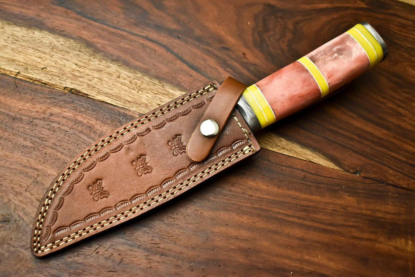 Handmade Damascus Steel Hunting Bowie Knife with Camel Bone Handle