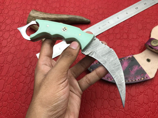8" Handmade Damascus Karambit Damascus Steel Hunting Knife With Resin Handle
