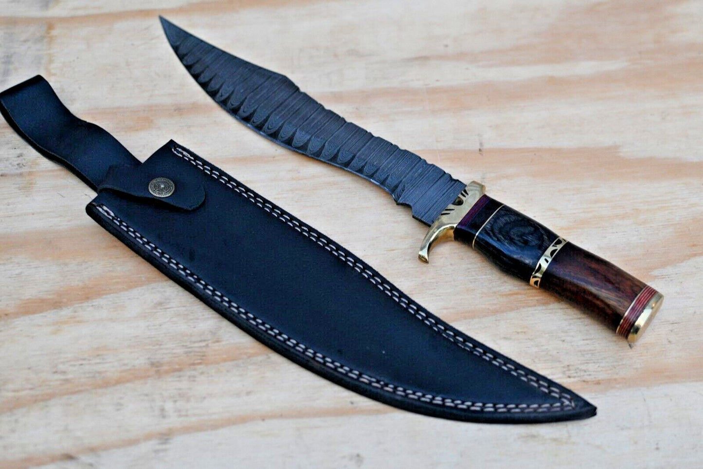 Heritage Forge 15 Inch Damascus Steel Bowie Knife Brass and Wood Handle with Sheath