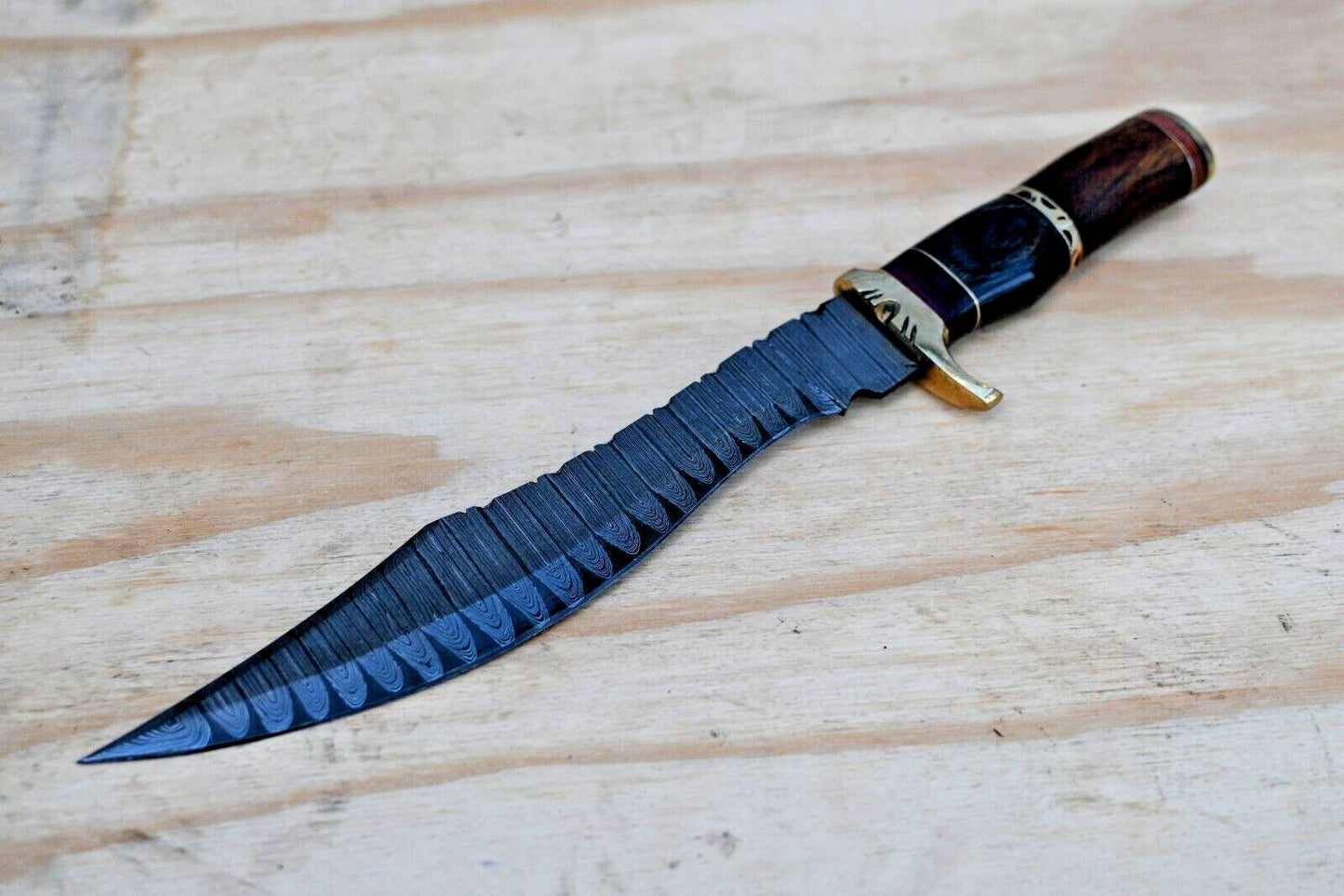 Heritage Forge 15 Inch Damascus Steel Bowie Knife Brass and Wood Handle with Sheath