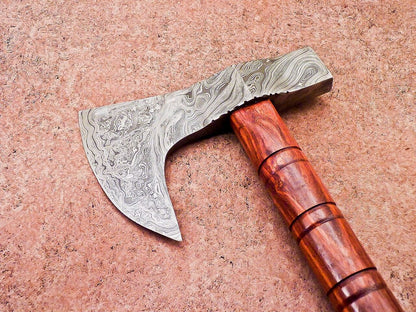 New Handmade Damascus Steel Axe | Unique Limited Edition 21-Inch Axe with Natural Wood Handle & Leather Sheath
