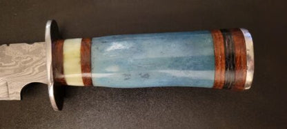 Heritage Forge Handmade Damascus Steel Bowie Knife with Camel Bone Handle and Leather Sheath 14 Inch