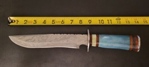 Heritage Forge Handmade Damascus Steel Bowie Knife with Camel Bone Handle and Leather Sheath 14 Inch