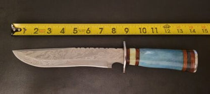 Heritage Forge Handmade Damascus Steel Bowie Knife with Camel Bone Handle and Leather Sheath 14 Inch