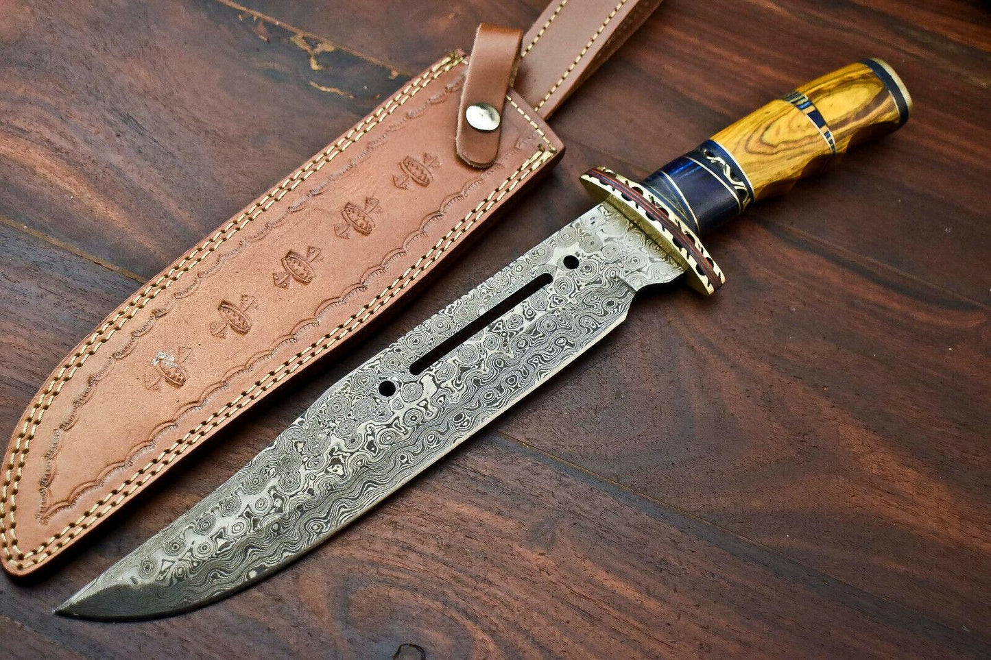 16" Custom Handmade Damascus Steel Bowie Knife | 10" Blade & Hardwood Handle
