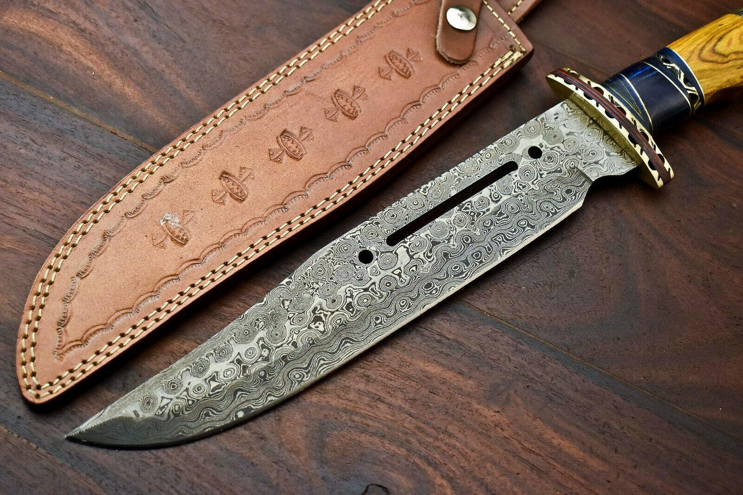 16" Custom Handmade Damascus Steel Bowie Knife | 10" Blade & Hardwood Handle