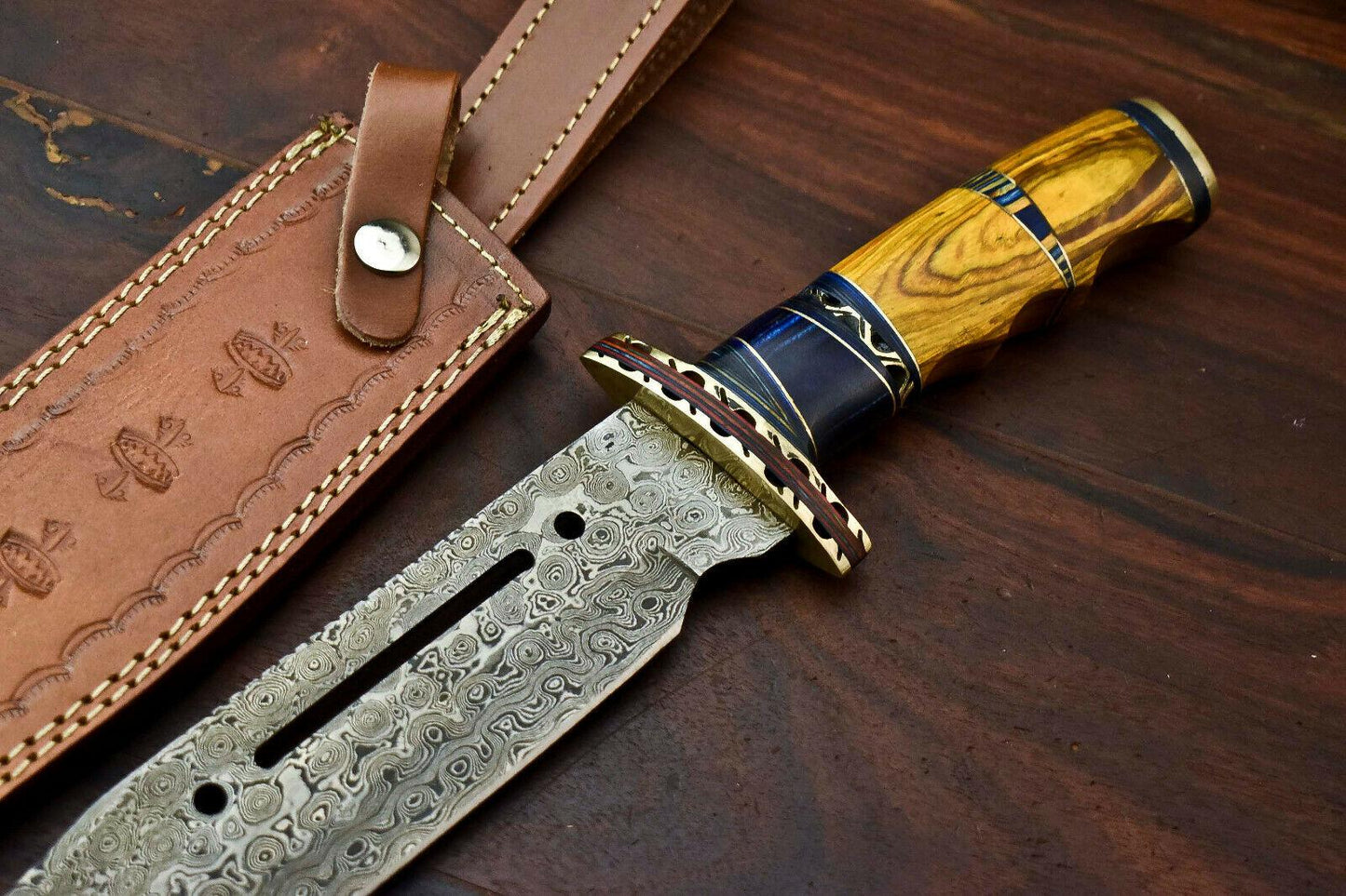 16" Custom Handmade Damascus Steel Bowie Knife | 10" Blade & Hardwood Handle
