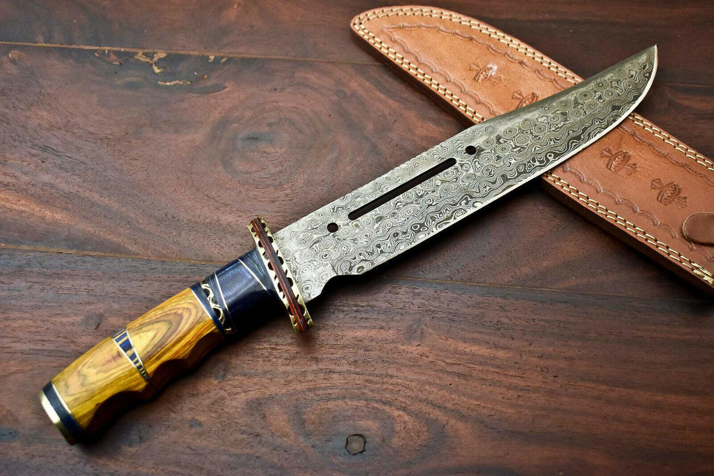 16" Custom Handmade Damascus Steel Bowie Knife | 10" Blade & Hardwood Handle