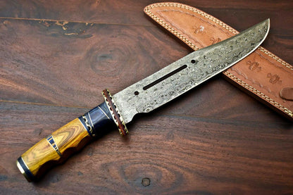 16" Custom Handmade Damascus Steel Bowie Knife | 10" Blade & Hardwood Handle