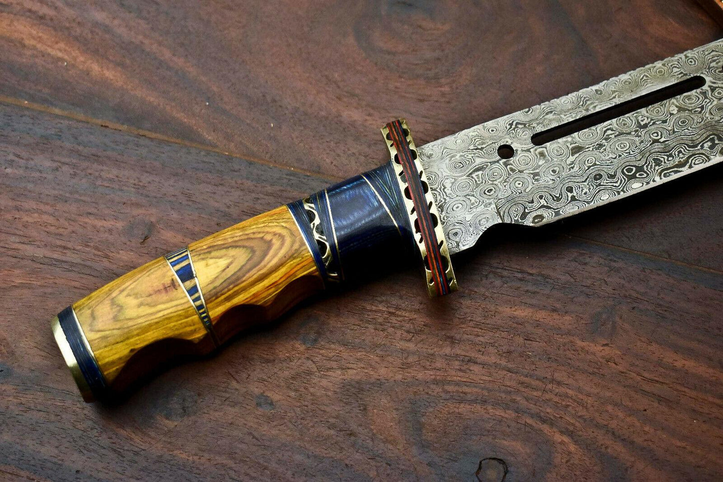 16" Custom Handmade Damascus Steel Bowie Knife | 10" Blade & Hardwood Handle