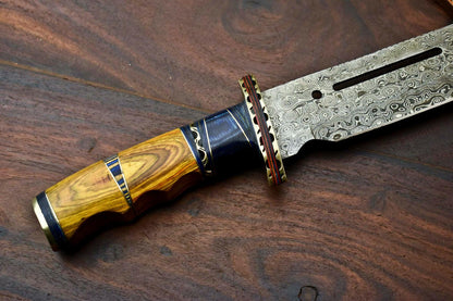 16" Custom Handmade Damascus Steel Bowie Knife | 10" Blade & Hardwood Handle
