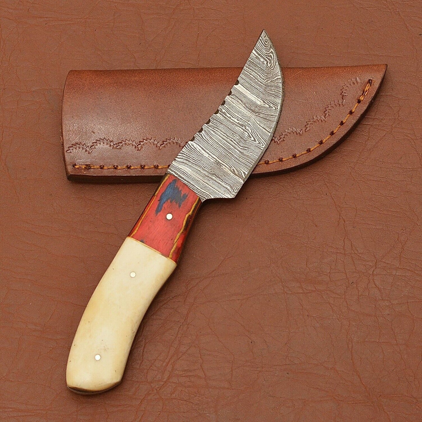 8" Damascus Steel Skinner Knife Wood Handle Custom Handmade Hunting Tool