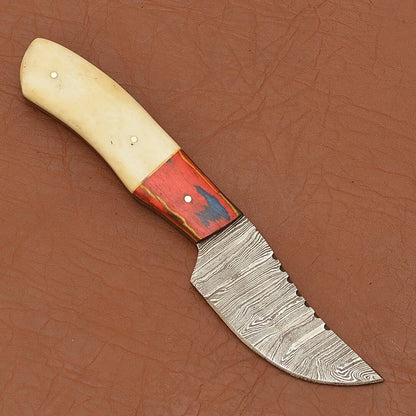 8" Damascus Steel Skinner Knife Wood Handle Custom Handmade Hunting Tool