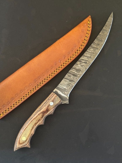 13" Hand Forged Damascus Steel Fillet Knife Damascus Fillet Knife W/Sheath