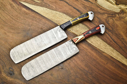 Lot of 2 Handmade Damascus Steel Chef Knives – Full Tang Kitchen Cutlery