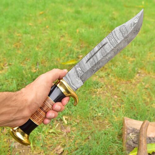 Custom Handmade Forged Damascus Steel Hunting Rambo Bowie Knife | Stag Crown & Cocobolo Wood Handle | 16" EDC Survival Knife