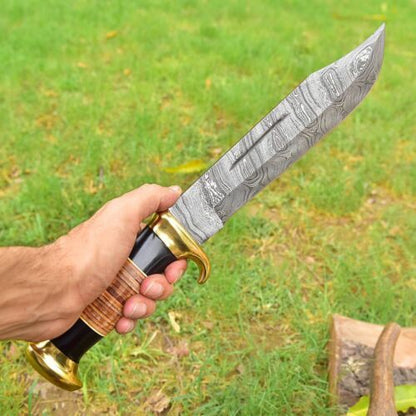 Custom Handmade Forged Damascus Steel Hunting Rambo Bowie Knife | Stag Crown & Cocobolo Wood Handle | 16" EDC Survival Knife