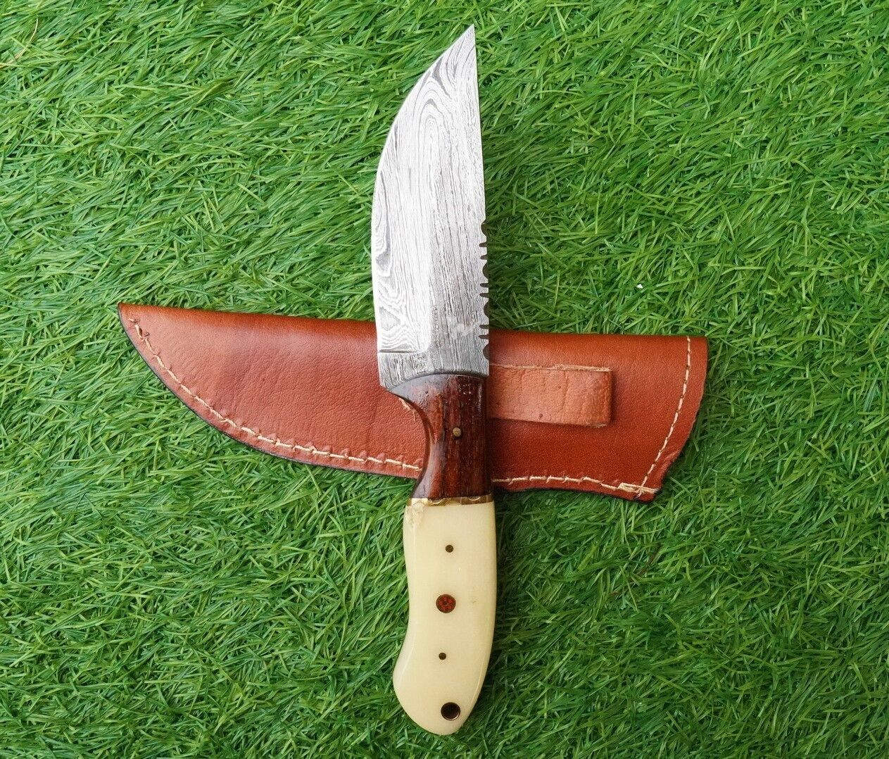 Handmade Damascus Skinner Knife – Half Tang Everyday Carry Damascus Steel Knife with Rosewood & Bone Handle, 4.5" Blade