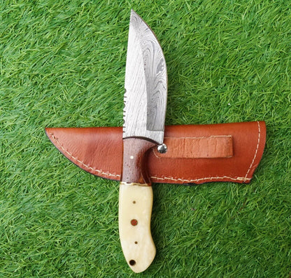 Handmade Damascus Skinner Knife – Half Tang Everyday Carry Damascus Steel Knife with Rosewood & Bone Handle, 4.5" Blade