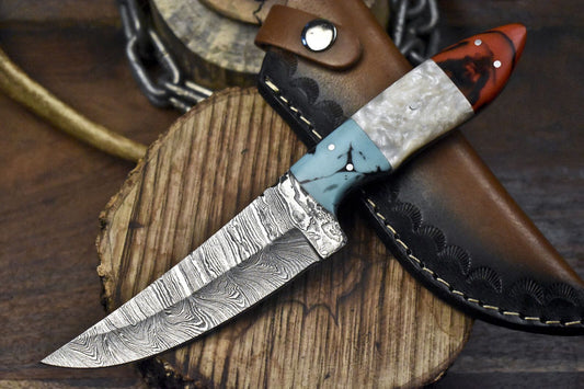 Hand Forged Damascus Skinner Knife Twist Pattern Corian Handle – Custom Handmade Hunting Knife Gift