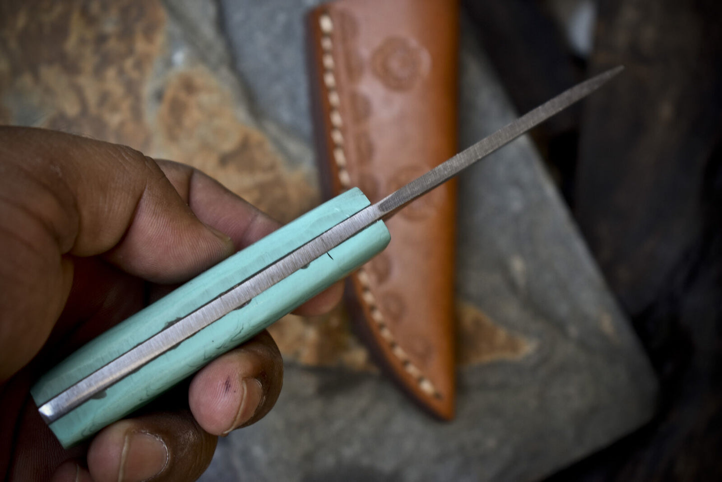 7" Rain Drop Damascus Skinner Knife Corian Handle Custom EDC Best Selling