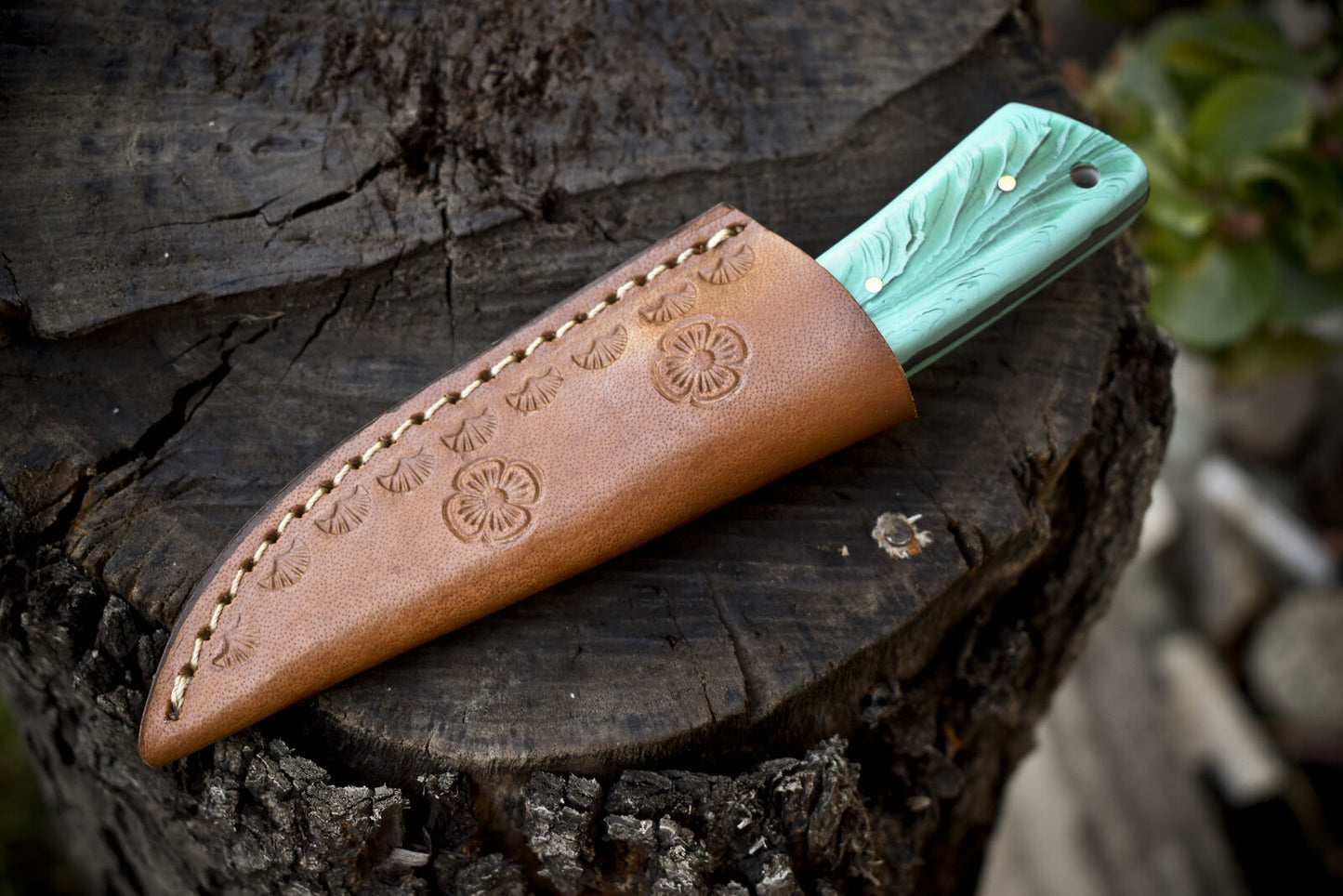 7" Rain Drop Damascus Skinner Knife Corian Handle Custom EDC Best Selling