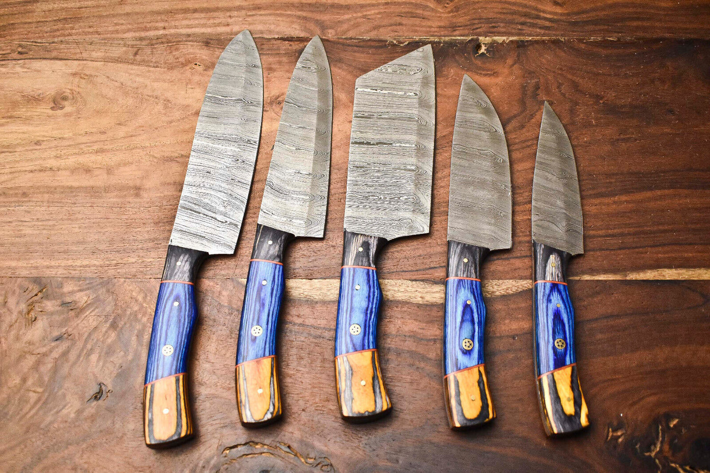 Lot of 5 Handmade Hammered Damascus Steel Blade Chef Knife Set – Professional Kitchen Knives
