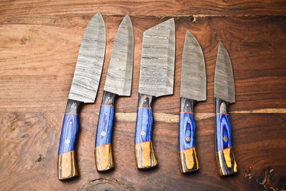 Lot of 5 Handmade Hammered Damascus Steel Blade Chef Knife Set – Professional Kitchen Knives