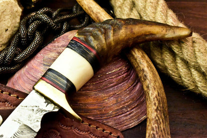 Custom Handmade Damascus Bowie Hunting Knife | Ram’s Horn Handle, 9" Overall