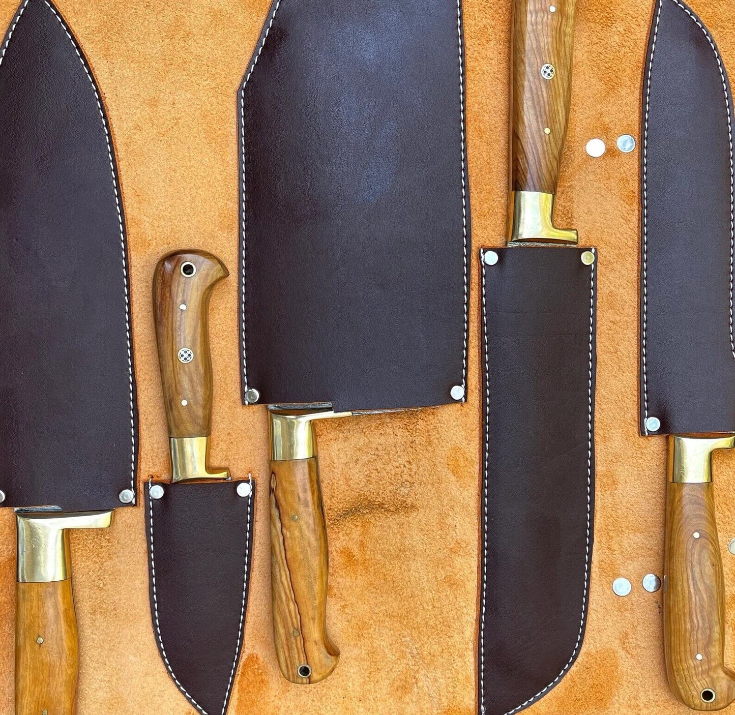 Handmade Damascus Chef Knife Set – 5-Piece Olive Wood Kitchen Knives with Leather Roll