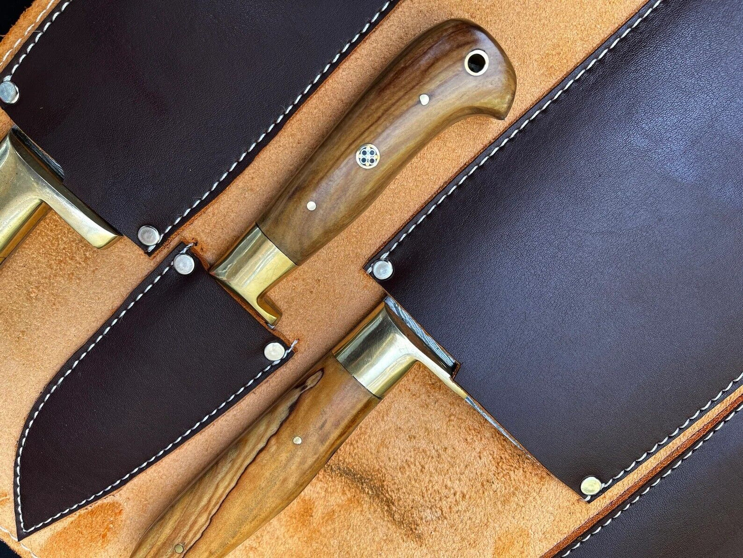 Handmade Damascus Chef Knife Set – 5-Piece Olive Wood Kitchen Knives with Leather Roll