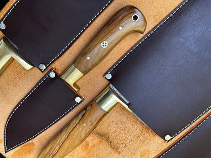 Handmade Damascus Chef Knife Set – 5-Piece Olive Wood Kitchen Knives with Leather Roll