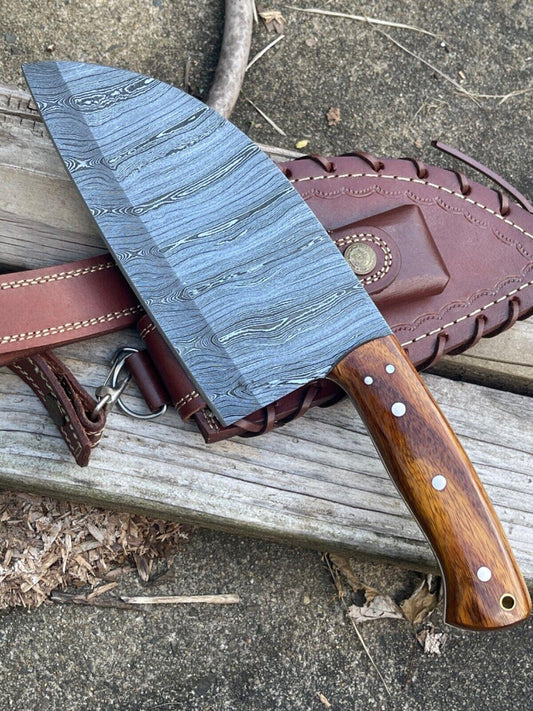 Custom Handmade Damascus Steel Serbian Chef Knife Cleaver – 256+ Layer Rosewood Handle