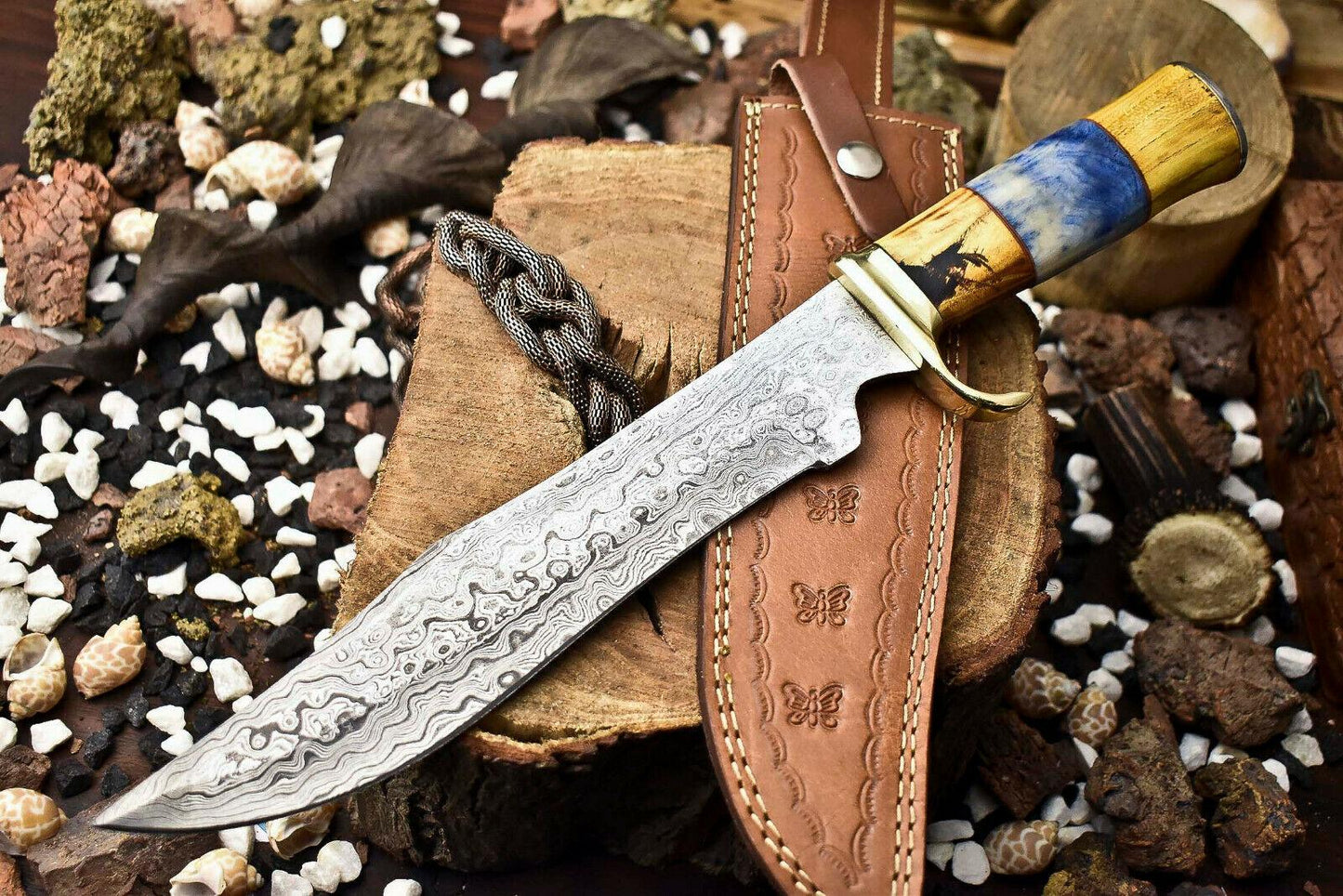 14.5" Handmade Damascus Steel Bowie Knife | Camel Bone Handle