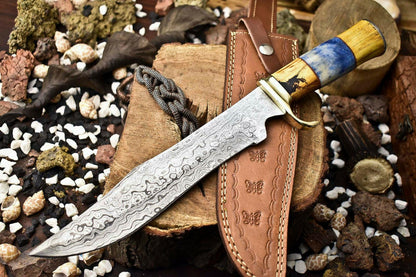 14.5" Handmade Damascus Steel Bowie Knife | Camel Bone Handle