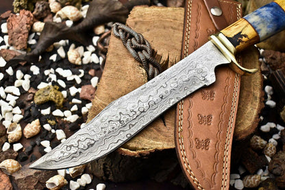 14.5" Handmade Damascus Steel Bowie Knife | Camel Bone Handle