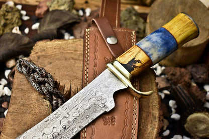 14.5" Handmade Damascus Steel Bowie Knife | Camel Bone Handle