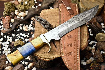 14.5" Handmade Damascus Steel Bowie Knife | Camel Bone Handle