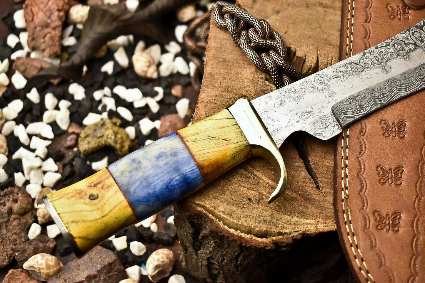 14.5" Handmade Damascus Steel Bowie Knife | Camel Bone Handle